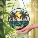Tropical Palm Tree Stained Glass Suncatcher Beach Sunset Window Hanging Ocean Decor Coastal Gift Beach Lover Art Summer