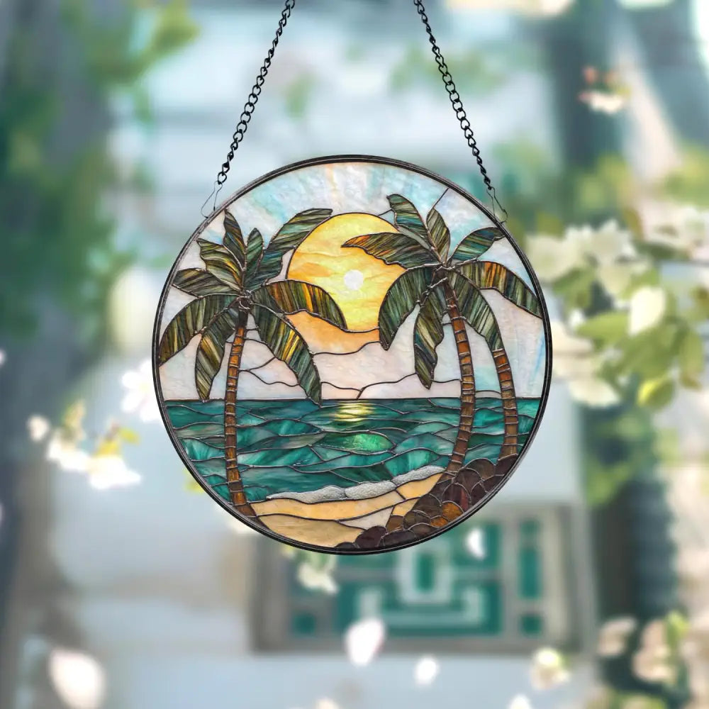 Tropical Palm Tree Stained Glass Suncatcher Beach Sunset Window Hanging Ocean Decor Coastal Gift Beach Lover Art Summer