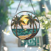 Tropical Palm Tree Stained Glass Suncatcher Beach Sunset Window Hanging Ocean Decor Coastal Gift Beach Lover Art Summer