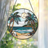 Tropical Palm Tree Stained Glass Suncatcher Beach Sunset Window Hanging Ocean Decor Coastal Gift Summer Vibes Beach