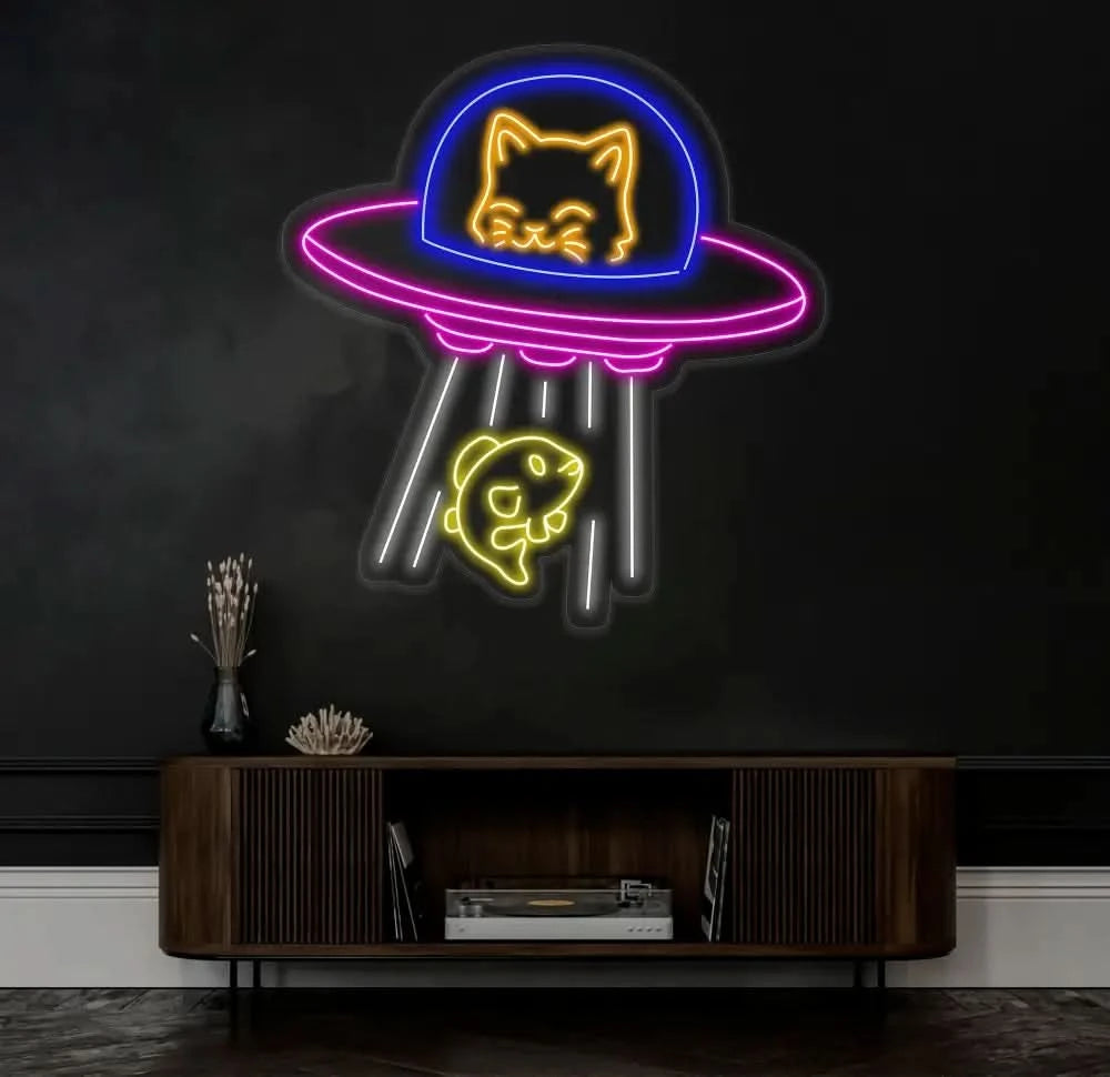 UFO Cat Abduction Fish Neon Sign Custom Neon Sign UFO Lamp Ufo Cat LED Light Animal Lover Neon Light Gift for Kids
