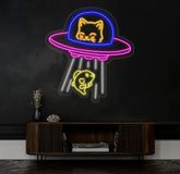 UFO Cat Abduction Fish Neon Sign Custom Neon Sign UFO Lamp Ufo Cat LED Light Animal Lover Neon Light Gift for Kids