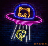 UFO Cat Abduction Fish Neon Sign Custom Neon Sign UFO Lamp Ufo Cat LED Light Animal Lover Neon Light Gift for Kids