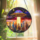 UFO Stained Glass Suncatcher Alien Spaceship Window Hanging Sci-Fi Space Decor Futuristic City Skyline Art Gift for