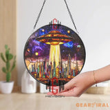 UFO Stained Glass Suncatcher Sci-Fi Alien Spaceship Window Panel Futuristic City Skyline Art Galaxy Outer Space Gift