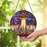 UFO Stained Glass Suncatcher Sci-Fi Alien Spaceship Window Panel Futuristic City Skyline Art Galaxy Outer Space Gift