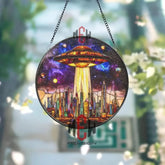 UFO Stained Glass Suncatcher Sci-Fi Alien Spaceship Window Panel Futuristic City Skyline Art Galaxy Outer Space Gift