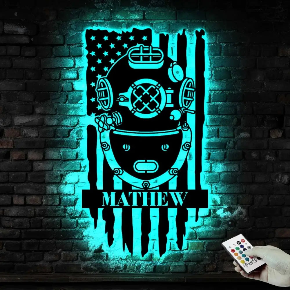 US Deep Sea Diver Helmet Metal Sign Led Light - US Navy Gift - Xmas Birthday Gift for Dad - Diving Gift Beach House