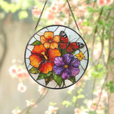 Vibrant Floral and Butterfly Stained Glass Suncatcher Colorful Garden Flower Window Hanging Summer Glass Art Gift for