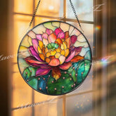 Vibrant Lotus Flower Stained Glass Suncatcher Multicolor Bloom Window Hanging Zen Floral Decor Gift for Meditation