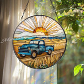 Vintage Blue Truck Stained Glass Suncatcher Farm Sunset Glass Panel Rustic Country Window Hanging Decor Wheat Field