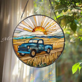 Vintage Blue Truck Stained Glass Suncatcher Farm Sunset Glass Panel Rustic Country Window Hanging Decor Wheat Field