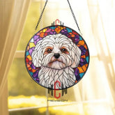 White Dog Stained Glass Suncatcher Cute Maltese Dog Window Hanging Round Pet Portrait Glass Panel Puppy Lover Gift Dog