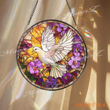 White Dove Stained Glass Suncatcher Peace Bird Window Hanging Floral Violet Panel Serenity Home Decor Spiritual Sun