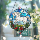 White Horse Stained Glass Suncatcher Running Horse Round Window Hanging Equestrian Art Glass Panel Gift for Horse