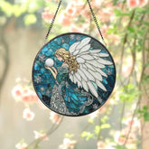 Winter Angel Stained Glass Suncatcher Blue Snowflake Glass Panel Holiday Window Hanging Christmas Gift for Spiritual &