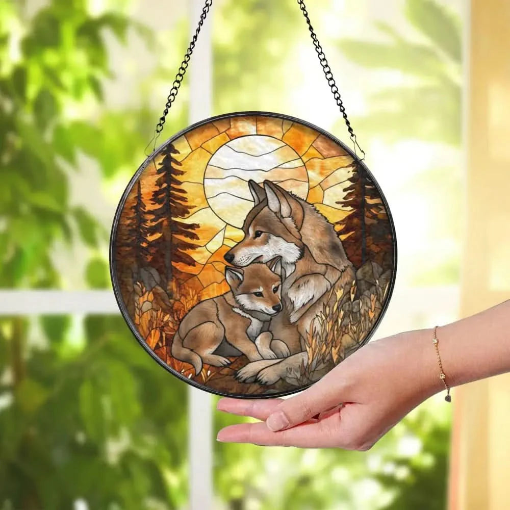 Wolf and Cub Moon Stained Glass Suncatcher Forest Animal Window Hanging Nature Lover Gift Wildlife Home Decor Spirit