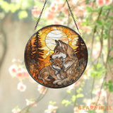 Wolf and Cub Moon Stained Glass Suncatcher Forest Animal Window Hanging Nature Lover Gift Wildlife Home Decor Spirit