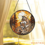 Wolf and Cub Moon Stained Glass Suncatcher Forest Animal Window Hanging Nature Lover Gift Wildlife Home Decor Spirit