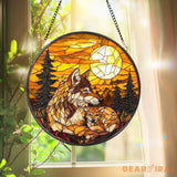 Wolf and Cub Moon Stained Glass Suncatcher Forest Animal Window Hanging Wildlife Decor Nature Lover Gift Spirit Animal