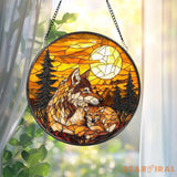 Wolf and Cub Moon Stained Glass Suncatcher Forest Animal Window Hanging Wildlife Decor Nature Lover Gift Spirit Animal