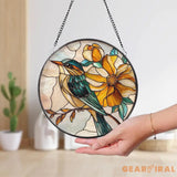 Yellow Flower and Songbird Stained Glass Suncatcher Bright Floral Window Hanging Nature Bird Glass Art Spring Window