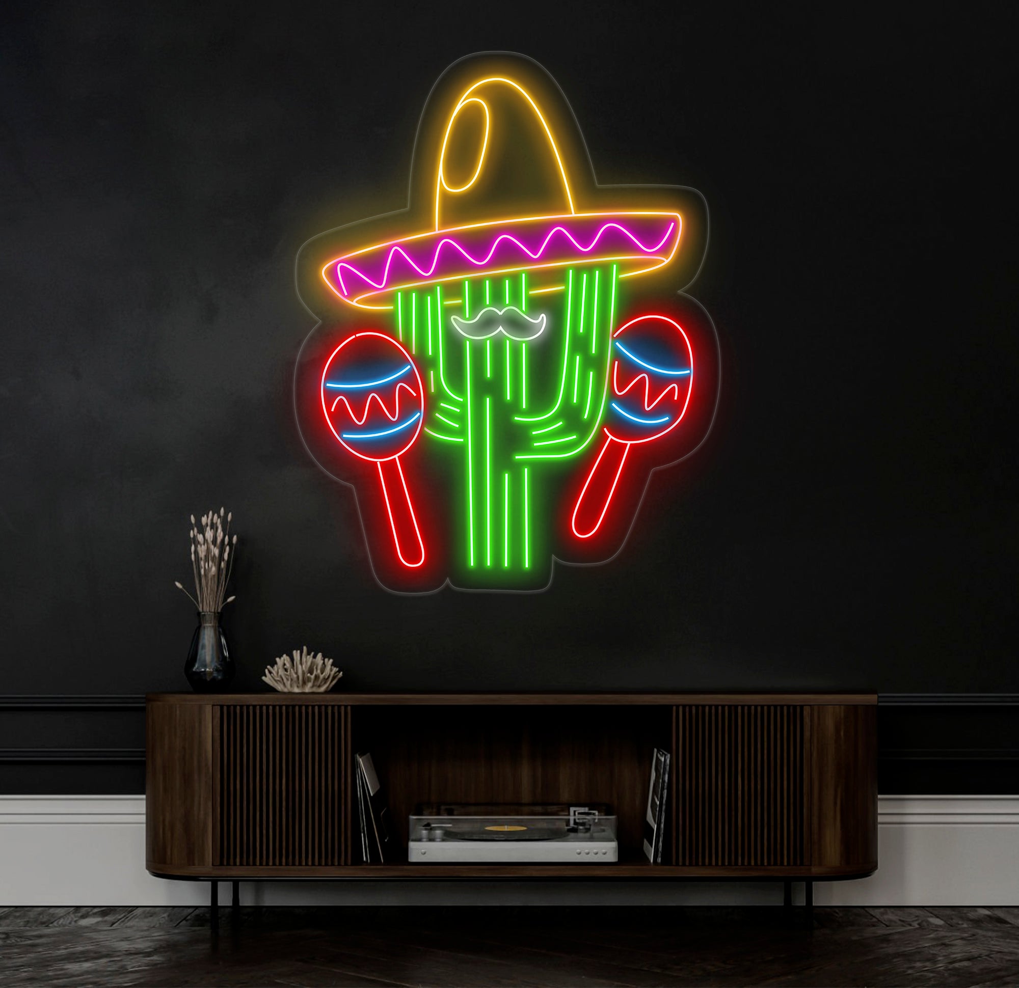 Custom Mexican Cactus Sombrero Neon Light - Fiesta Holiday LED Sign, Mexican Festival Decor, Cactus with Maraca Neon Sign for Party