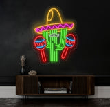 Custom Mexican Cactus Sombrero Neon Light - Fiesta Holiday LED Sign, Mexican Festival Decor, Cactus with Maraca Neon Sign for Party