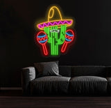 Custom Mexican Cactus Sombrero Neon Light - Fiesta Holiday LED Sign, Mexican Festival Decor, Cactus with Maraca Neon Sign for Party