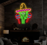 Custom Mexican Cactus Sombrero Neon Light - Fiesta Holiday LED Sign, Mexican Festival Decor, Cactus with Maraca Neon Sign for Party