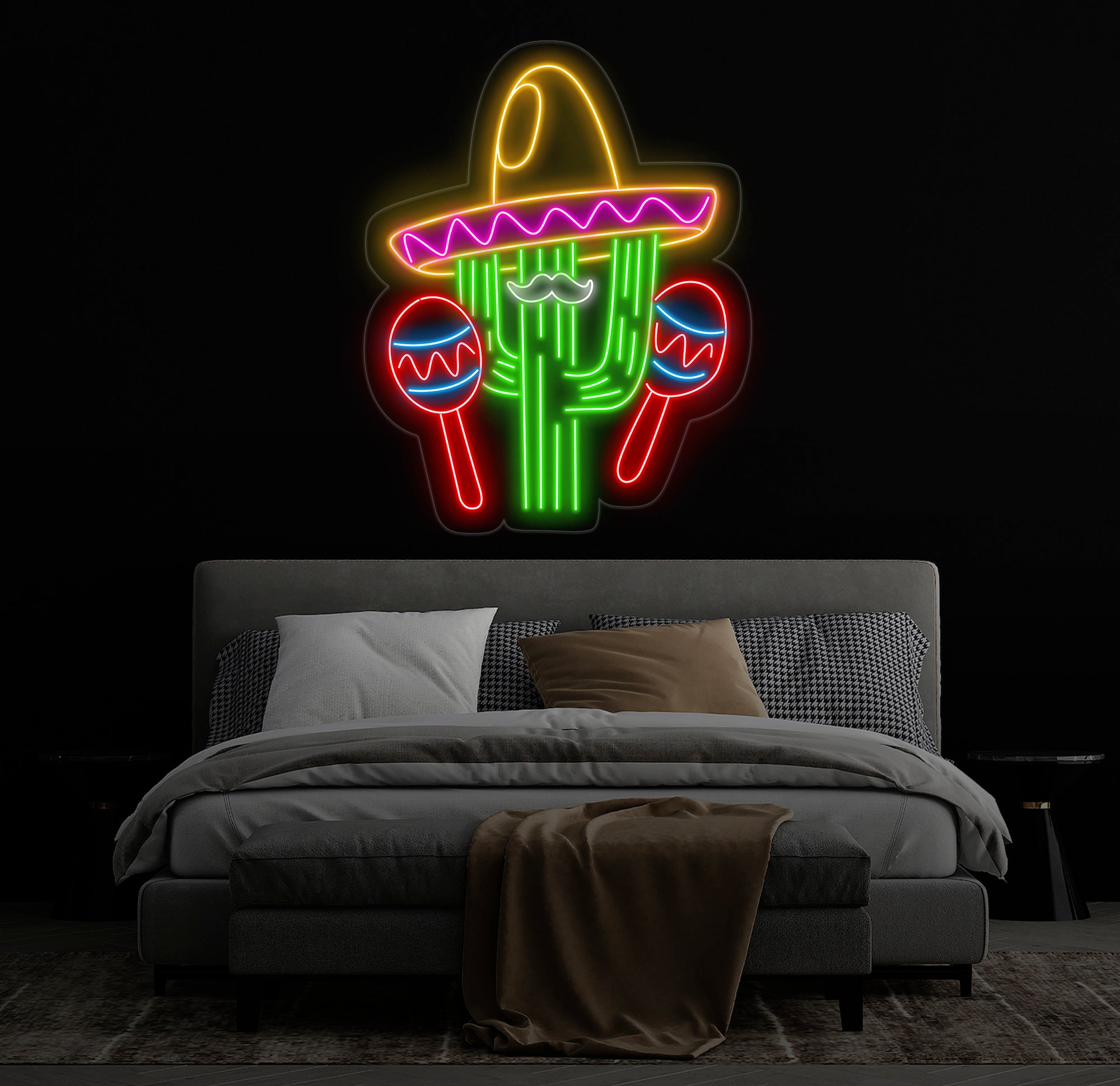 Custom Mexican Cactus Sombrero Neon Light - Fiesta Holiday LED Sign, Mexican Festival Decor, Cactus with Maraca Neon Sign for Party