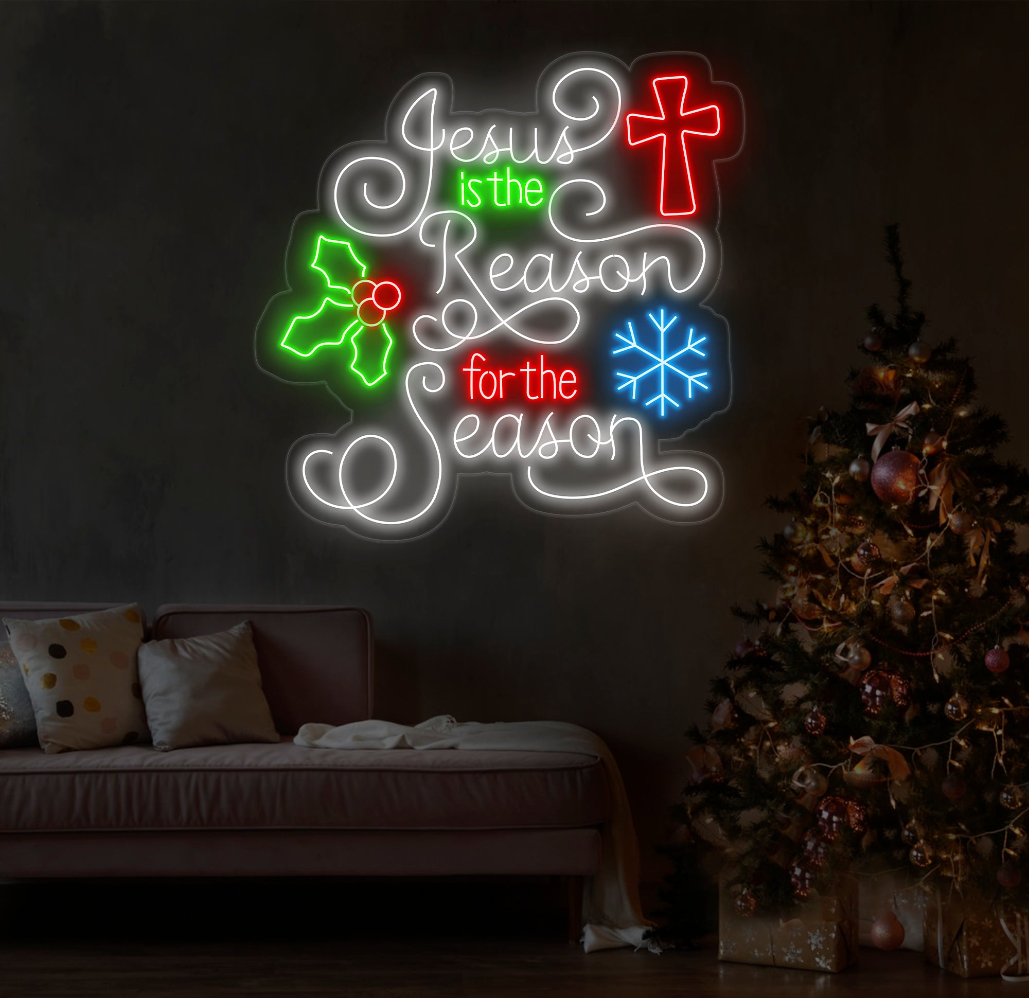 Jesus Is The Reason For The Season Neon Sign - Christmas LED Light Decor, Festive Neon Wall Art, Merry Christmas Sign, Holiday Gift Idea