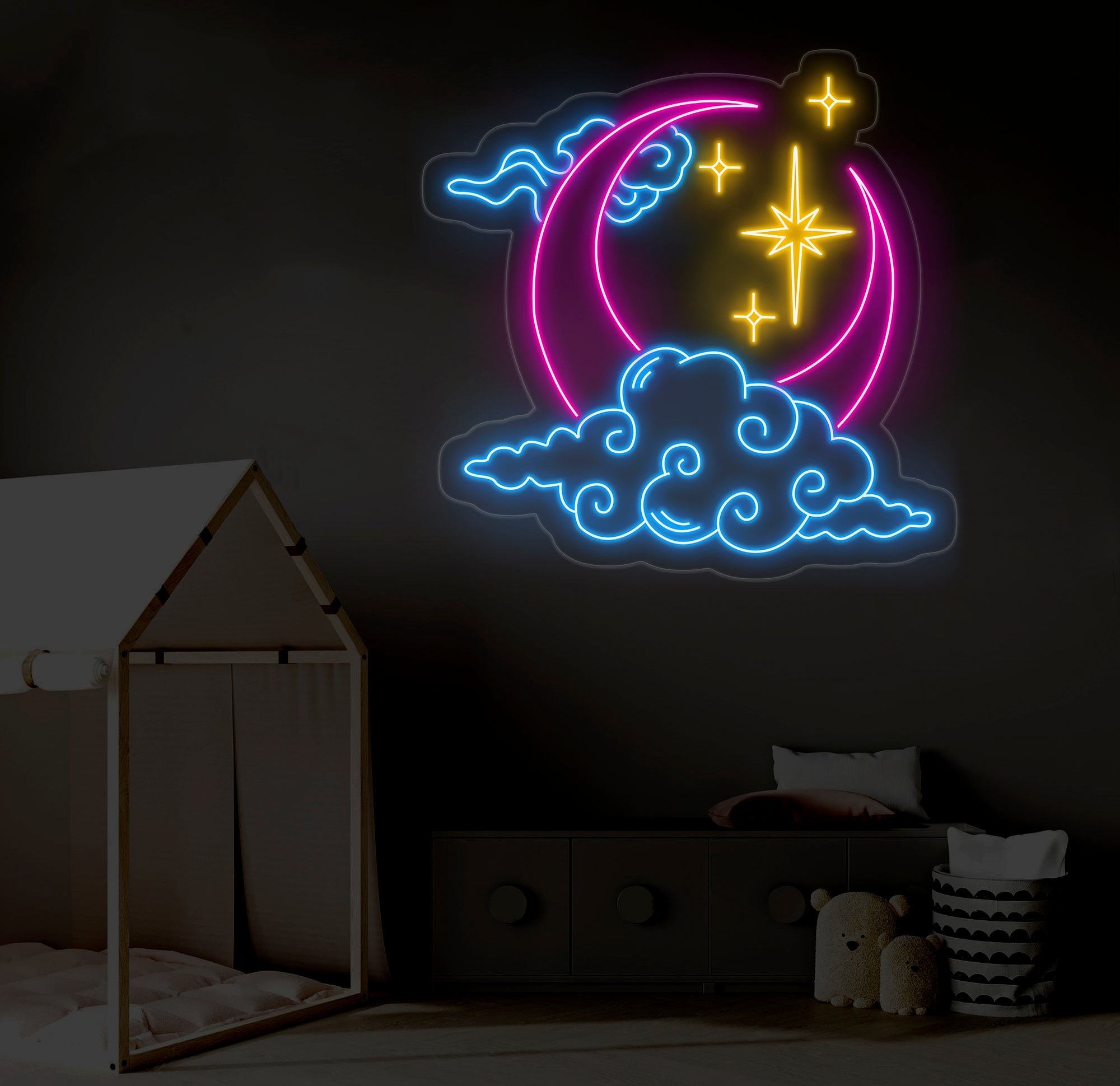Custom Moon Cloud Star Neon Sign - Handmade LED Art Light, White Vibes Wall Decor, Personalized Neon Light for Home or Bedroom