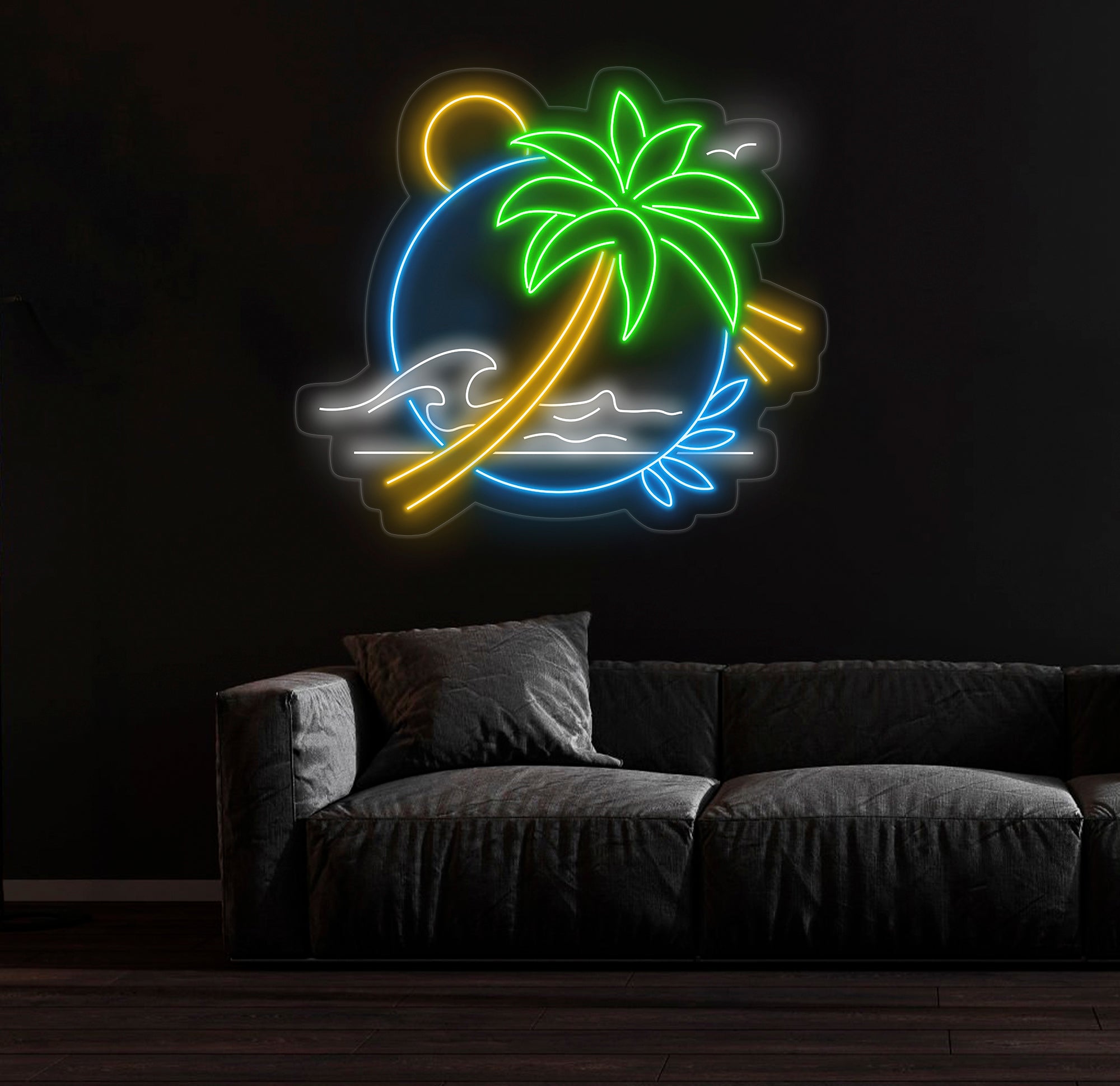Palm Tree & Wave Neon Wall Art - Custom LED Sign for Kids Room, Bedroom, Game Room Decor, Tropical Neon Light for Wall, Beach Neon Sign