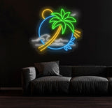 Palm Tree & Wave Neon Wall Art - Custom LED Sign for Kids Room, Bedroom, Game Room Decor, Tropical Neon Light for Wall, Beach Neon Sign