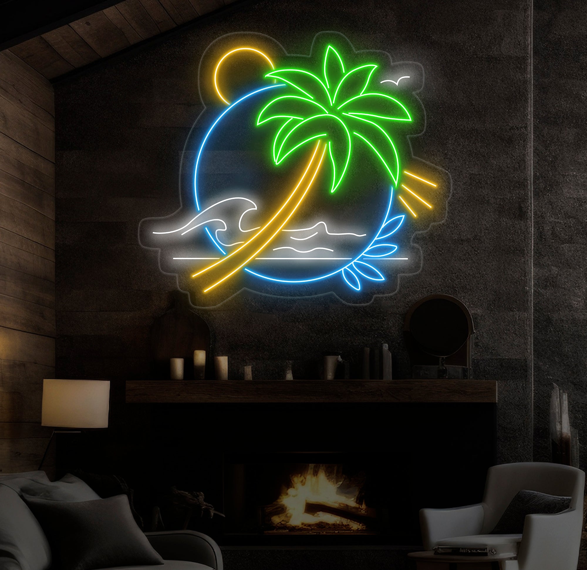 Palm Tree & Wave Neon Wall Art - Custom LED Sign for Kids Room, Bedroom, Game Room Decor, Tropical Neon Light for Wall, Beach Neon Sign
