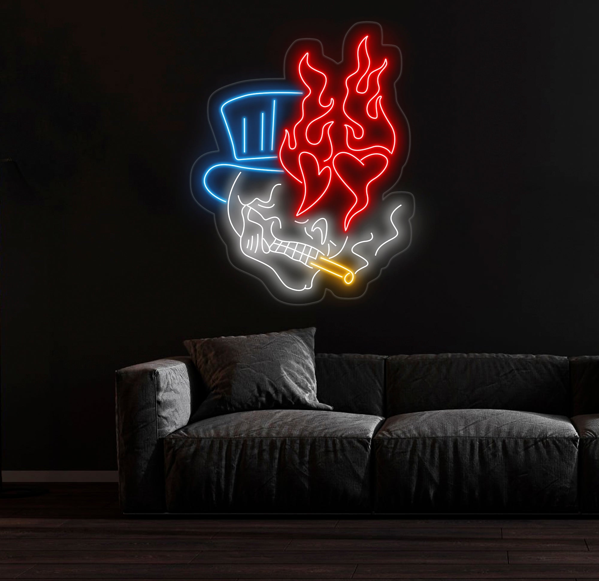 Skull Head Neon Sign - Custom Handmade Fire Neon Light, Unique Wall Decor, Personalized Skull Art, Aesthetic Gift for Home or Man Cave"
