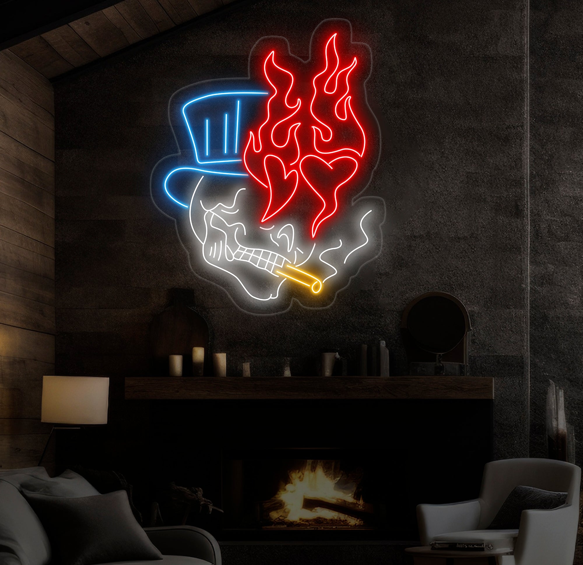 Skull Head Neon Sign - Custom Handmade Fire Neon Light, Unique Wall Decor, Personalized Skull Art, Aesthetic Gift for Home or Man Cave"