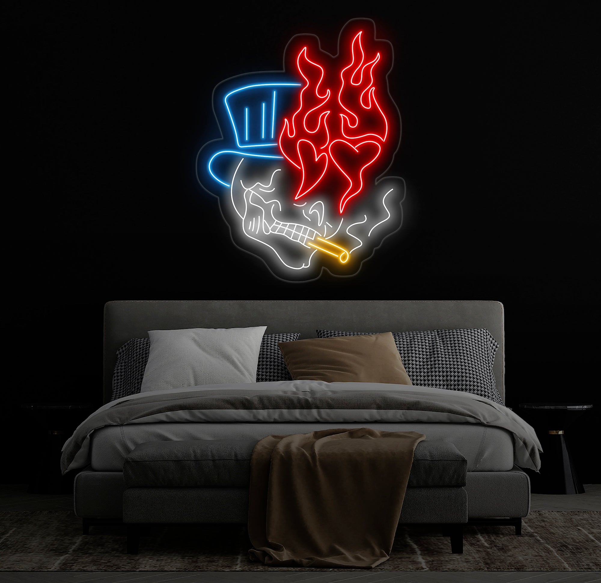 Skull Head Neon Sign - Custom Handmade Fire Neon Light, Unique Wall Decor, Personalized Skull Art, Aesthetic Gift for Home or Man Cave"
