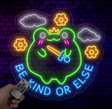 Be Kind or Else Funny Frog Neon Sign - Kawaii Nursery Wall Art, Cute Frog LED Light for Kids, Children's Room Decor, Adorable Baby Gift