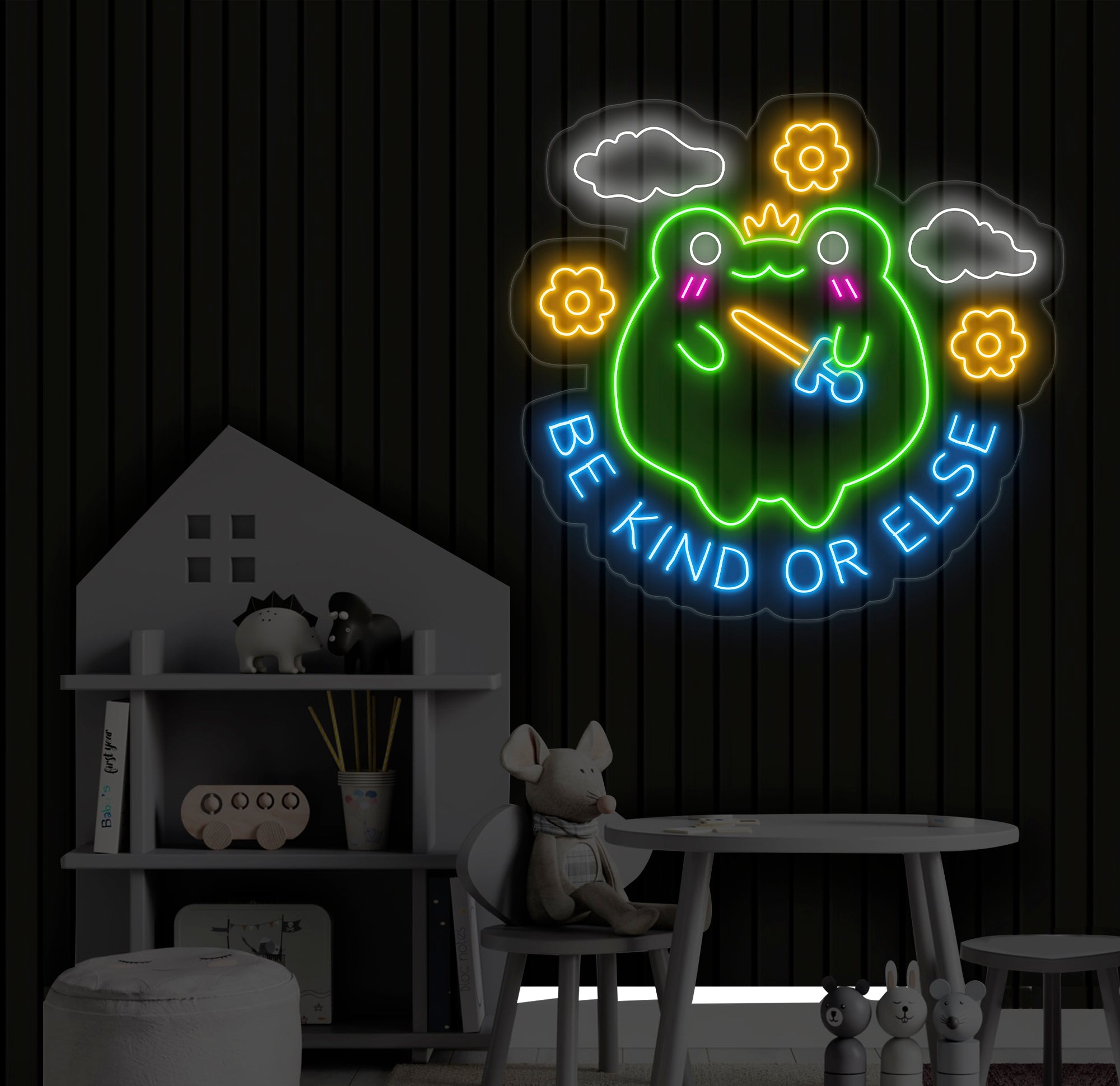 Be Kind or Else Funny Frog Neon Sign - Kawaii Nursery Wall Art, Cute Frog LED Light for Kids, Children's Room Decor, Adorable Baby Gift