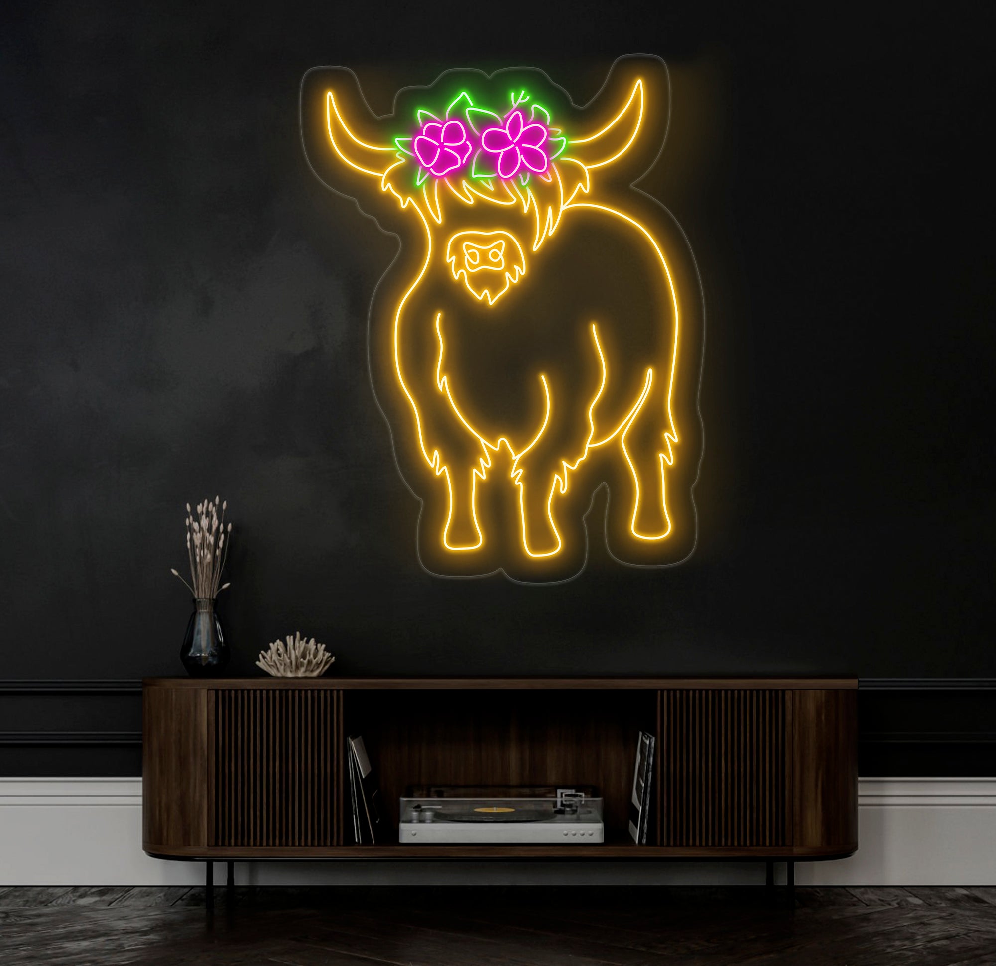 Floral Shetland Cow Neon Sign - Custom Highland Herd LED Light, Western Bull Farmhouse Decor, Unique Cow Lover Gift, Patio Neon Sign
