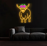 Floral Shetland Cow Neon Sign - Custom Highland Herd LED Light, Western Bull Farmhouse Decor, Unique Cow Lover Gift, Patio Neon Sign
