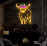 Floral Shetland Cow Neon Sign - Custom Highland Herd LED Light, Western Bull Farmhouse Decor, Unique Cow Lover Gift, Patio Neon Sign