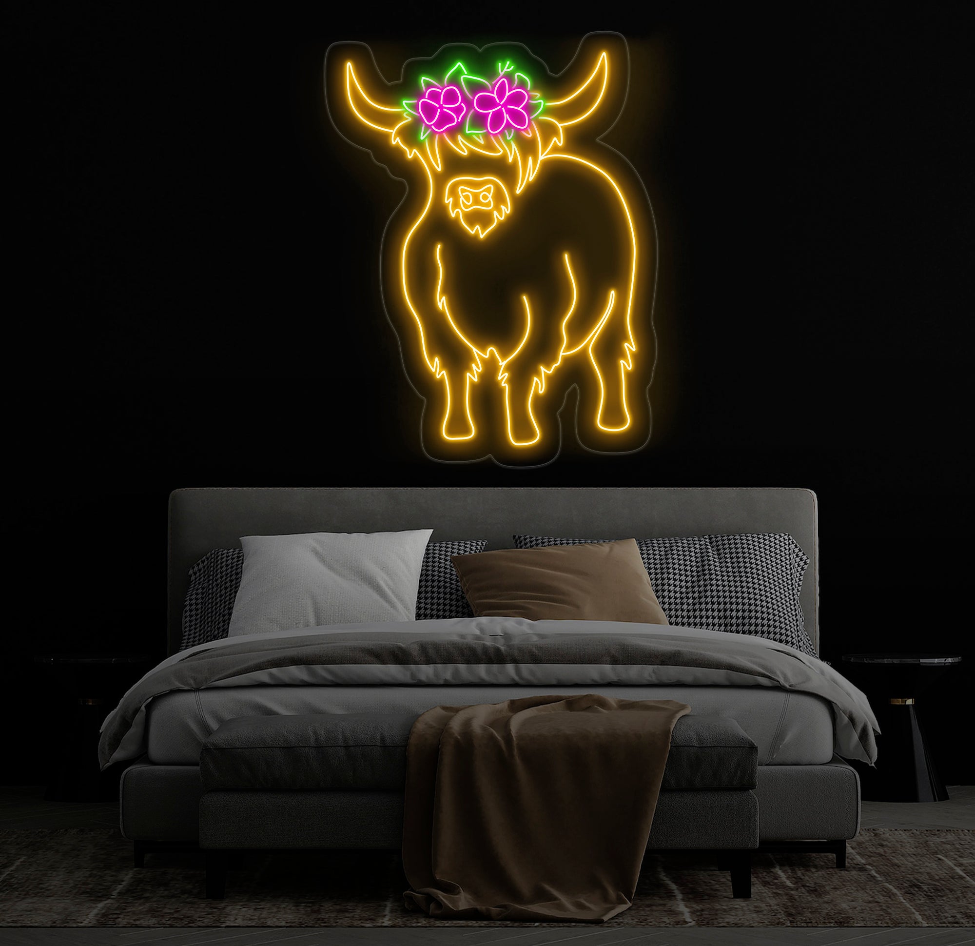 Floral Shetland Cow Neon Sign - Custom Highland Herd LED Light, Western Bull Farmhouse Decor, Unique Cow Lover Gift, Patio Neon Sign