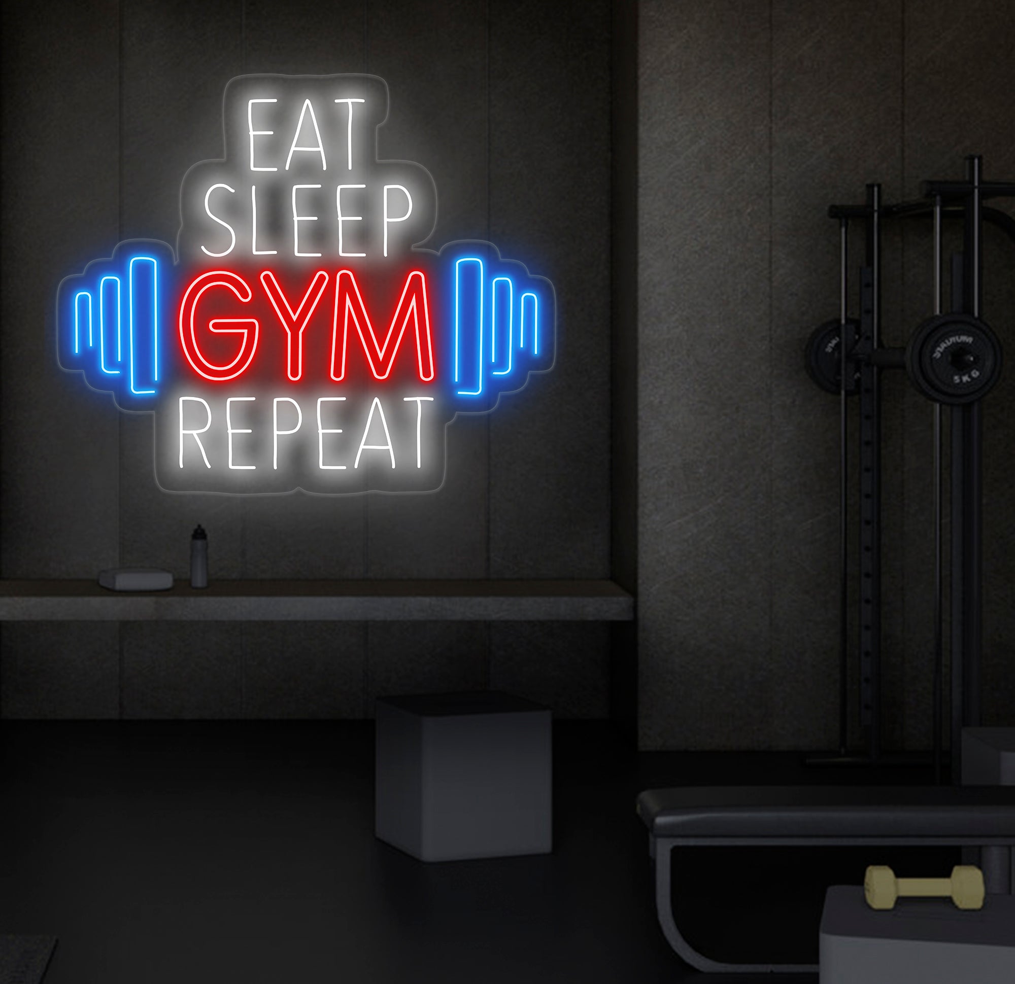 Custom Neon Sign - Eat Sleep Gym Repeat LED Sign - Motivational Fitness Quote for Gym Wall Decor - Perfect for Home Gym or Fitness Club