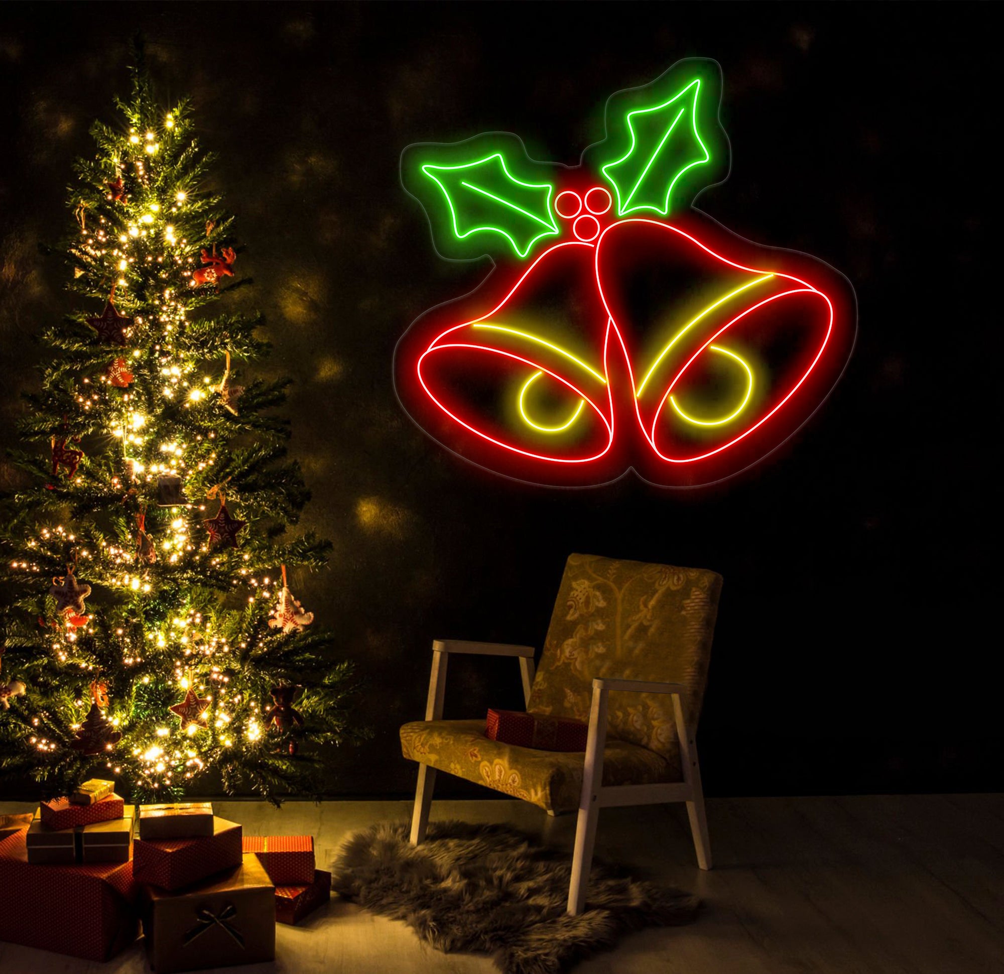 Christmas Bell Neon Sign - Jingle Bell LED Christmas Tree Light, Merry Christmas Neon Sign for Home, Room Wall Decor, Festive Holiday Decor