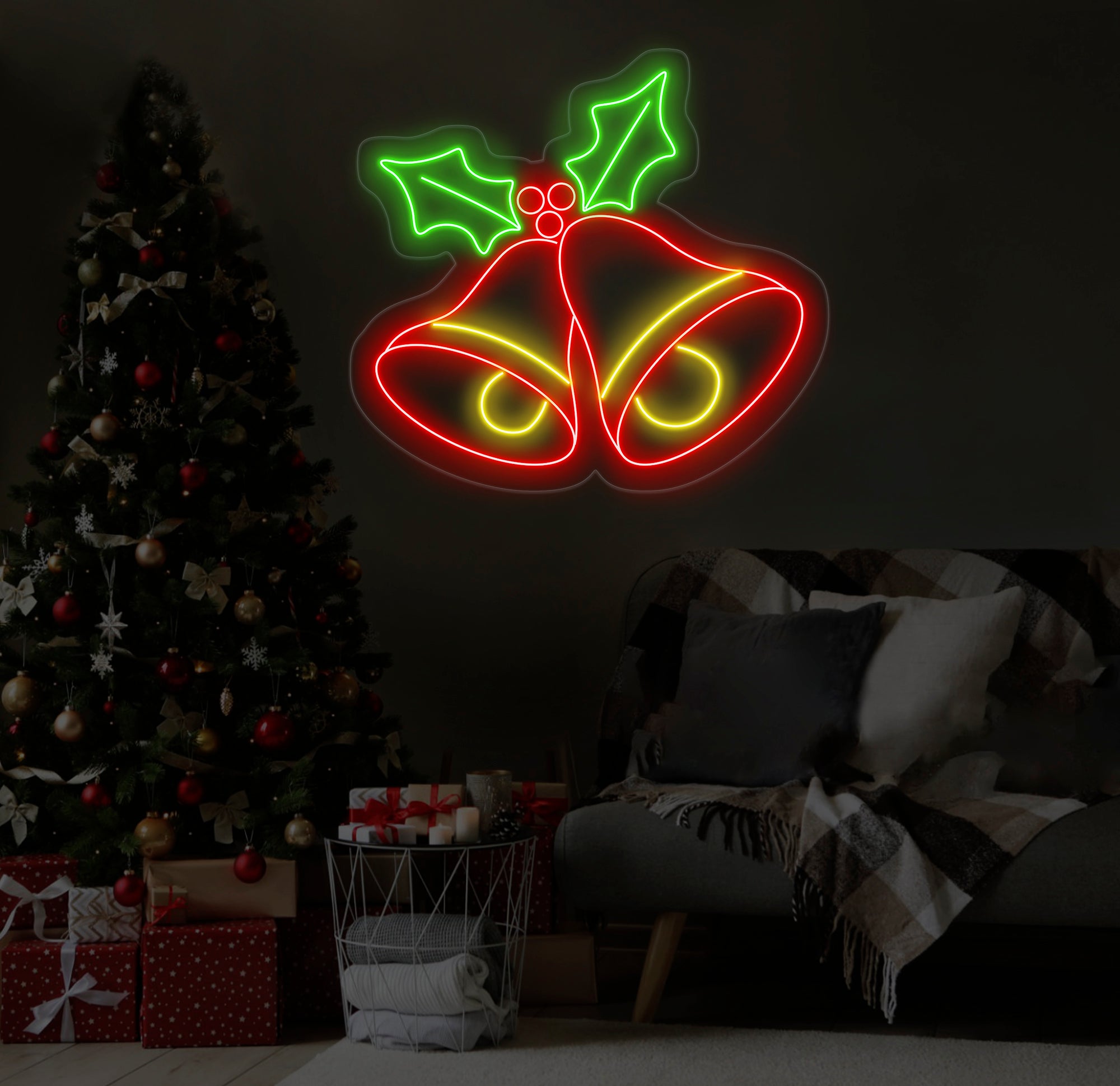 Christmas Bell Neon Sign - Jingle Bell LED Christmas Tree Light, Merry Christmas Neon Sign for Home, Room Wall Decor, Festive Holiday Decor