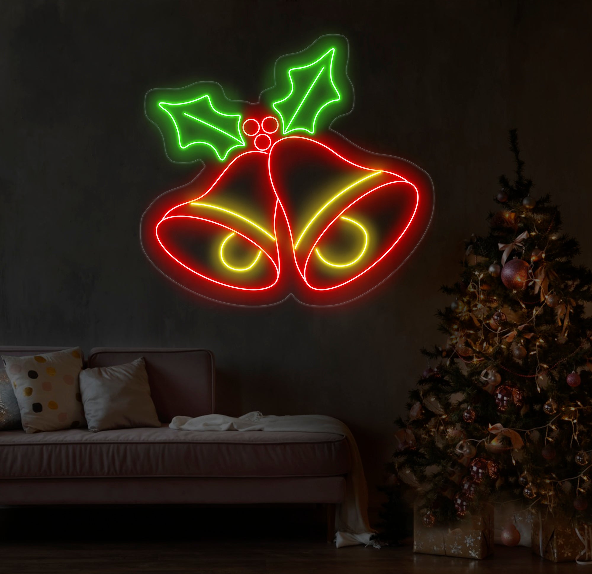 Christmas Bell Neon Sign - Jingle Bell LED Christmas Tree Light, Merry Christmas Neon Sign for Home, Room Wall Decor, Festive Holiday Decor