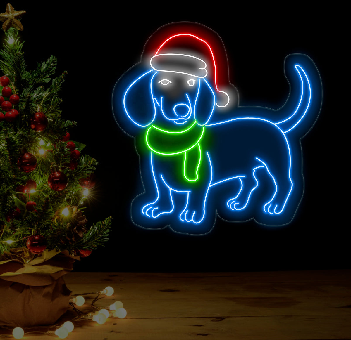 Funny Christmas Dachshund Neon Sign - Merry Christmas LED Light - Dachshund Christmas Tree Wall Art - Festive House Wall Decor